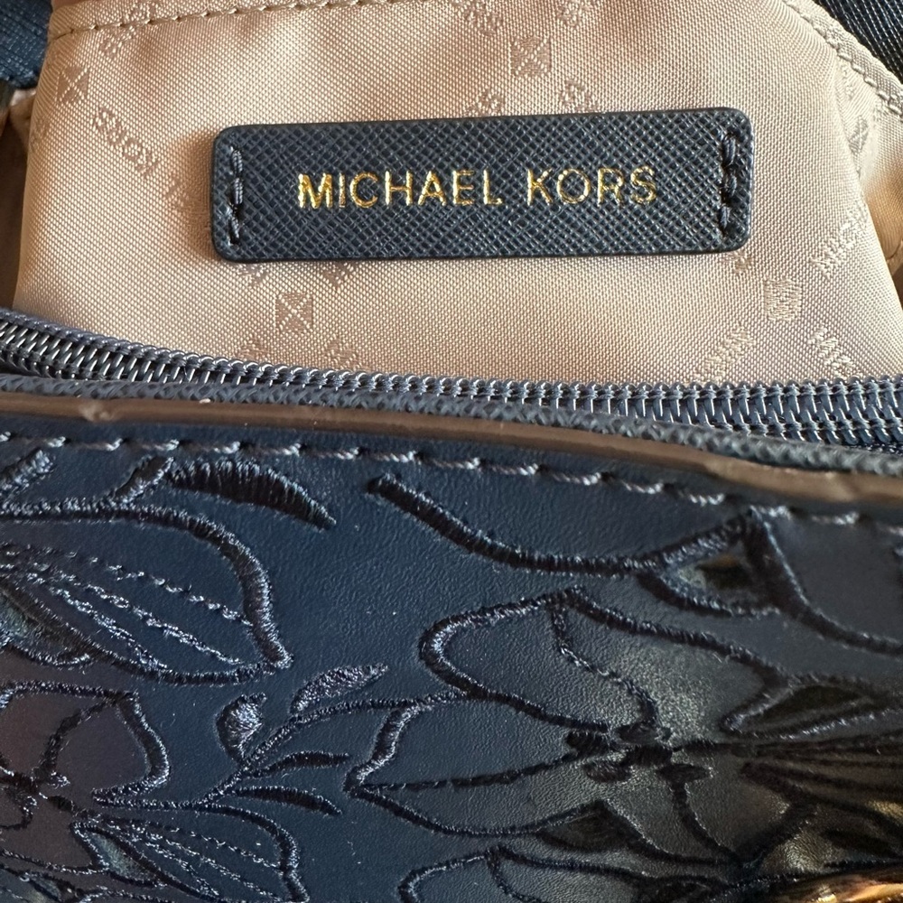 Michael Kors Sophia North South Navy Floral Crossbody Satchel with Gold Accents - Picture 8 of 11